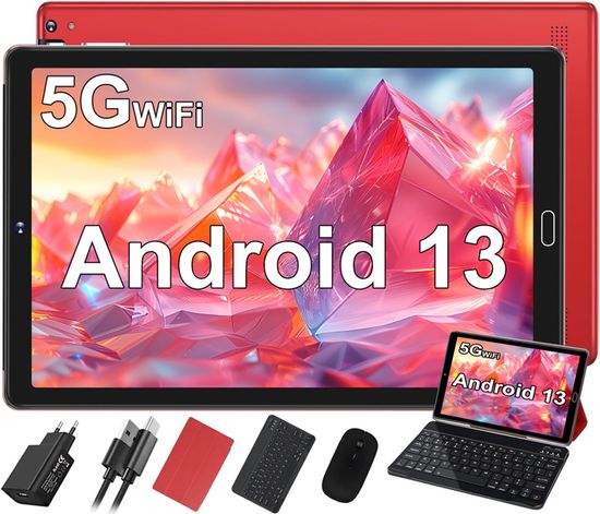 GOODTEL Tablette tactile 10 Pouces, 10Go+ 64Go stockage, Android 13, 5GWIFI, TYPE-C, 8 coeur, 8000mAh batterie, 8 accessoires-Rouge