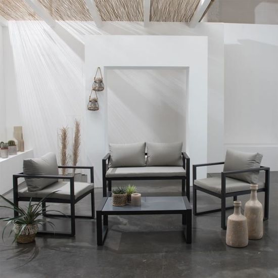 Salon de jardin bas en tissu gris - HAPPY GARDEN - IBIZA - Aluminium - Confortable et facile à entretenir