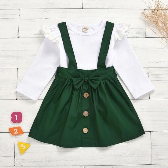 Ensemble Haut Et Jupe Enfant CWD Vert Et Rouge à Rubans - Taille 5/6, Coton, Occasion