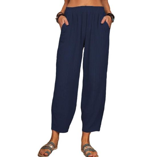 Pantalon Lin Femme été Décontracté Taille Elastique Pantalon Fluide