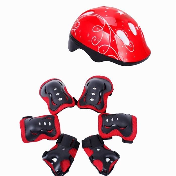 7 pcs enfants coude poignet genouillères casque de vélo sécurité équipement de protection(rouge)