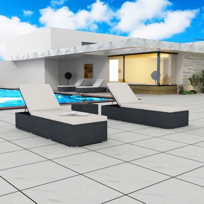 Magnifique - Lot de 2 Chaises longue Bain de soleil Chaise de Repose Résine tressée Noir
