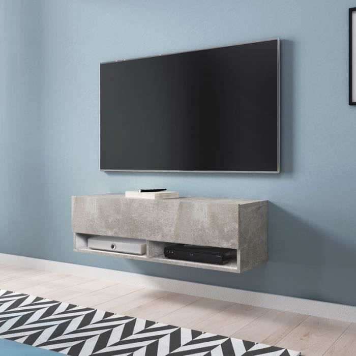 Meuble TV / Meuble de salon - WANDER - 100 cm - béton - sans LED - 2 niches ouvertes - style industriel