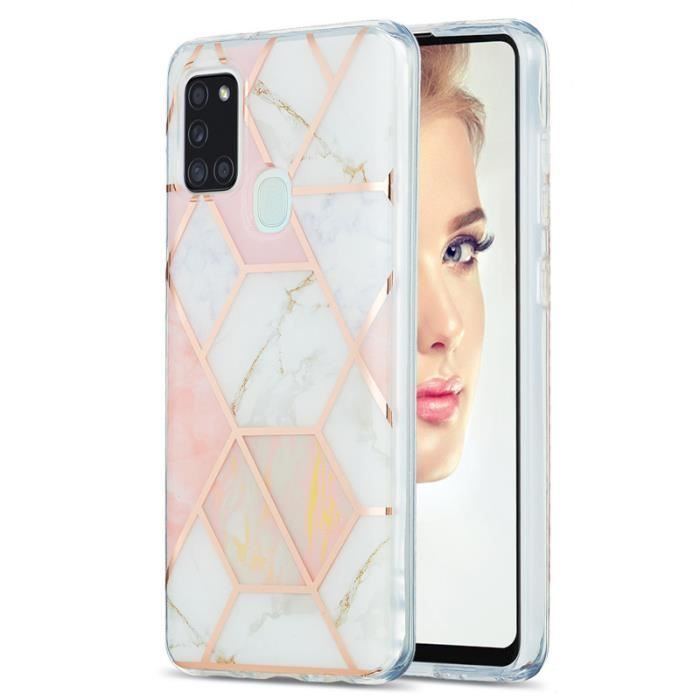 Coque Samsung Galaxy A21S, Silicone Paillette Marbre Géométrique Motif Légère Ultra-fin Durable Anti-Rayure, Rose Blanc