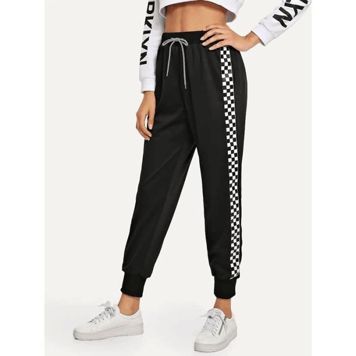 Pantalon de Sport Femme Taille Haute Elastiquee Bicolore Carreaux