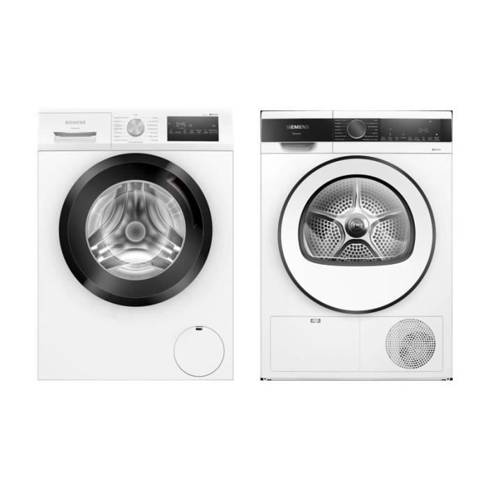 PACK SIEMENS Lave-Linge Frontal 8kg 1400Trs/min Moteur A Induction iQDrive + Sèche-Linge A Condensation 8kg AutoDry 60 Blanc