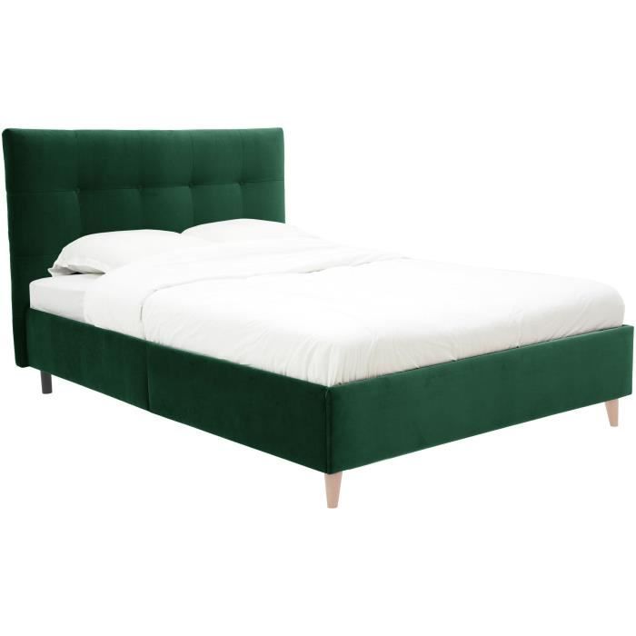 Lit adulte LONY - Couchage 140x190 cm - Tissu velours mat Vert - Structure bois - Sans sommier - L15