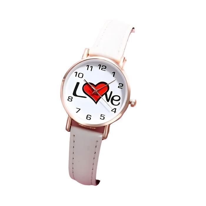 Montre - Enfant - Cuir - Blanc - Cadran - Acier - Doré Rose - Love - Coeur - 21 cm Montre - Enfant - Cuir - Blanc - Cadran - Acier - Doré Rose - Love - Coeur - 21 cm