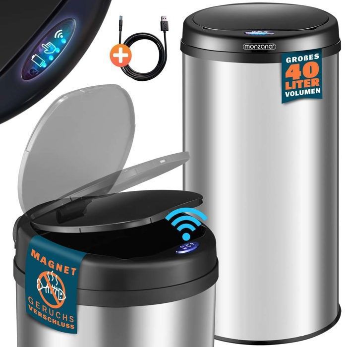 MONZANA® Poubelle automatique acier inoxydable 40L capteur mouvement imperméable affichage LED câble USB poubelle de cuisine argent