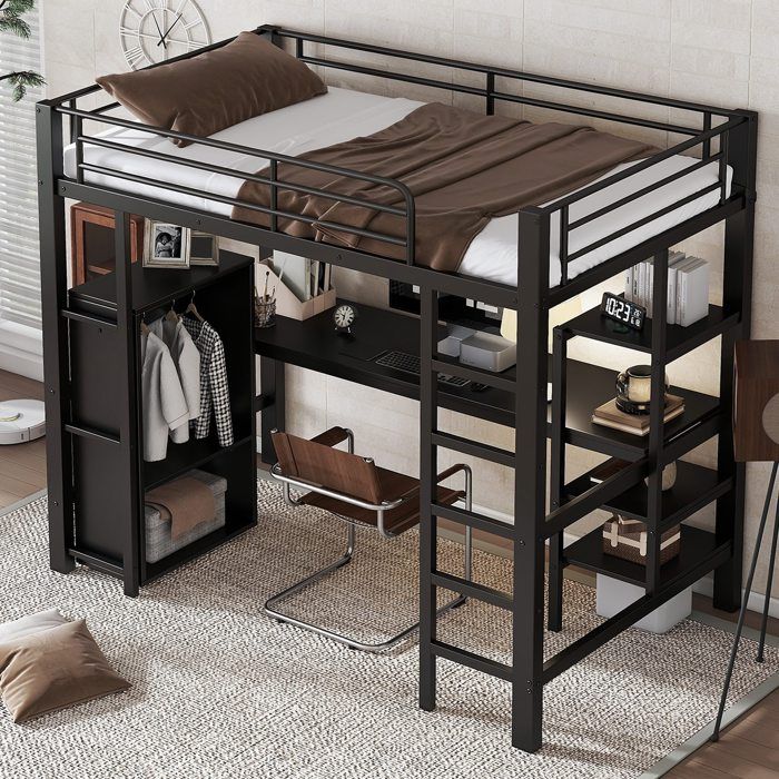 Lit mezzanine 90x200 cm avec bureau et penderie nombreux rangements métal + MDF sommier à lattes noir - convient aux