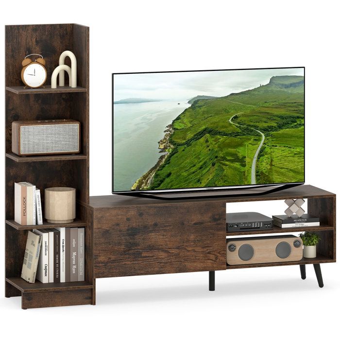 COSTWAY 50 Meuble TV avec Étagères de Rangement en « L » et Étagère Réglable Compartiments Ouverts pour Salon Chambre Marron