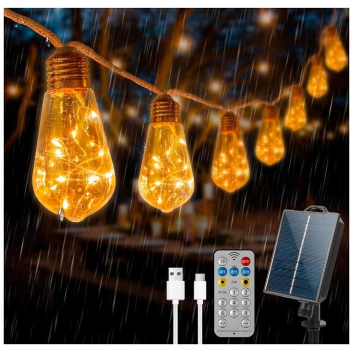 Guirlande Solaire Exterieur 8m - 16 Ampoules Blanc Chaud, Corde Chanvre, 8 Modes, Télécommande, USB/Solaire, IP65 - Pour Jardin, Terrasse, Guinguette