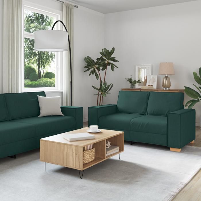 Ensemble de canapé 3 pièces avec coussins en tissu vert foncé