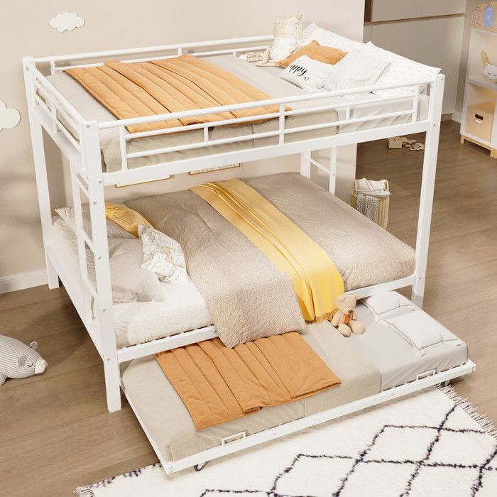 Lit superposé 140 x 200 cm - Avec lit gigogne - Barrières hautes - Blanc (matelas non inclus)