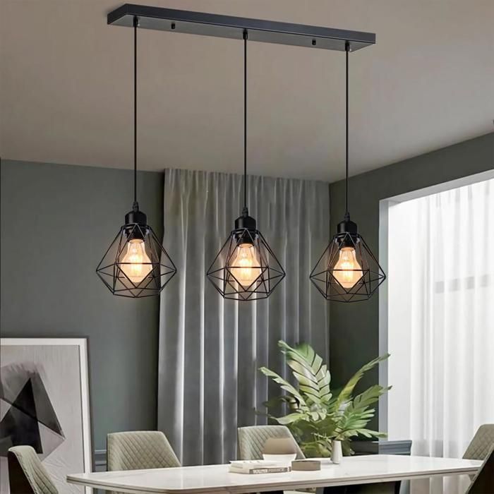 Suspension - 3 lampes en barre - Cage vintage noir - E27 x3 - Abat-jour Ø16 cm