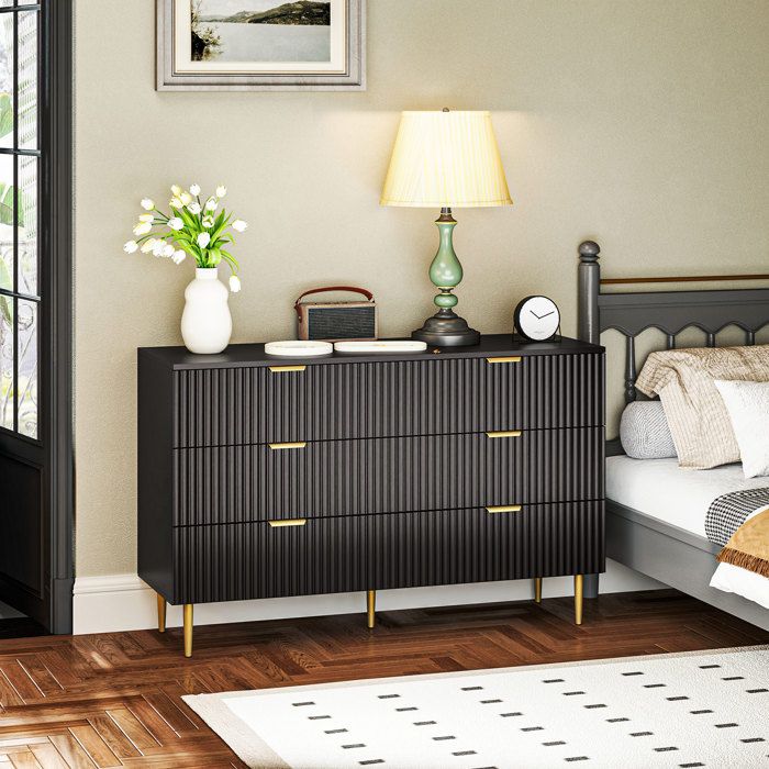 Commode 6 tiroirs commode chambre meuble de rangement moderne avec poignées et pieds dorés 120 x 40 x 765 cm noir