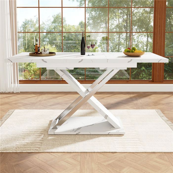 Table a Manger Extensible Blanc 6 à 8 Personnes Motif Marbre Blanc 118-157×75 cm Table Salle à Manger / Cuisine avec Pieds Métal