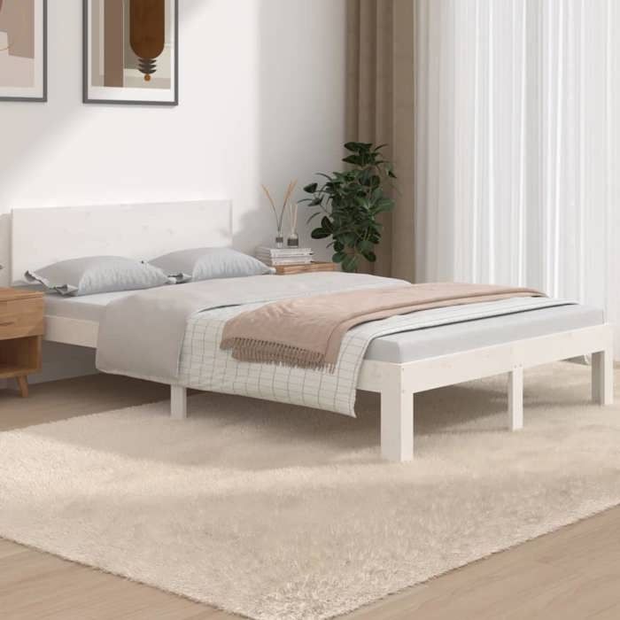 Cadre de lit en bois - UU - 120x190 cm - Blanc - Bois de pin massif - Tête de lit incluse - Hauteur de couchage 22 5 cm