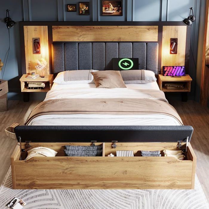 Lit 180×200cm avec sommier à lattes avec USB Rangement et lampe de lecture table de chevet et banc avec compartiment mu LIT COMBINE