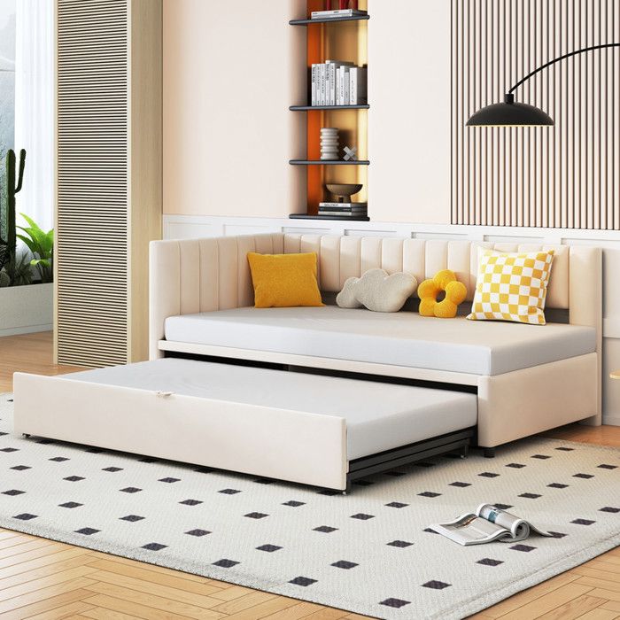Canapé-lit multifonctionnel en forme de L avec lit gigogne 90/180*200 cm lit rembourré en velours design peu encombrant - Beige