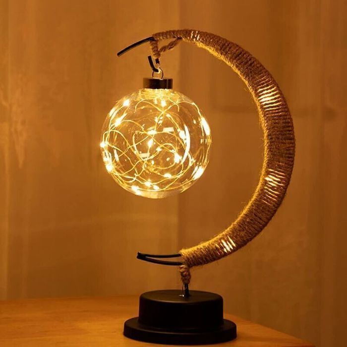 Lampe lunaire suspendue - ZOR® - 27x14x13 cm - Blanc - Veilleuse LED - Alimentation USB - Tissage du rotin