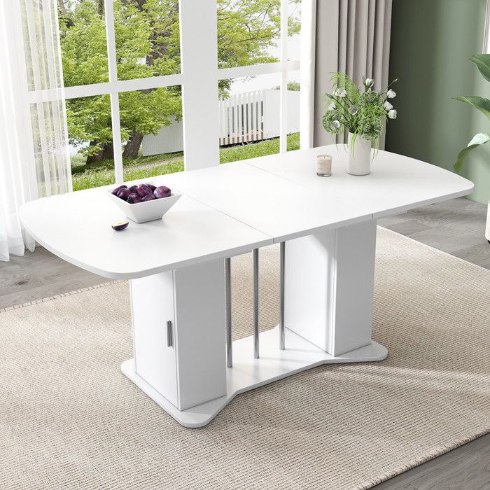 Table à manger extensible - 120/160 cm - Blanc - Pieds argentés - Espace de rangement intégré