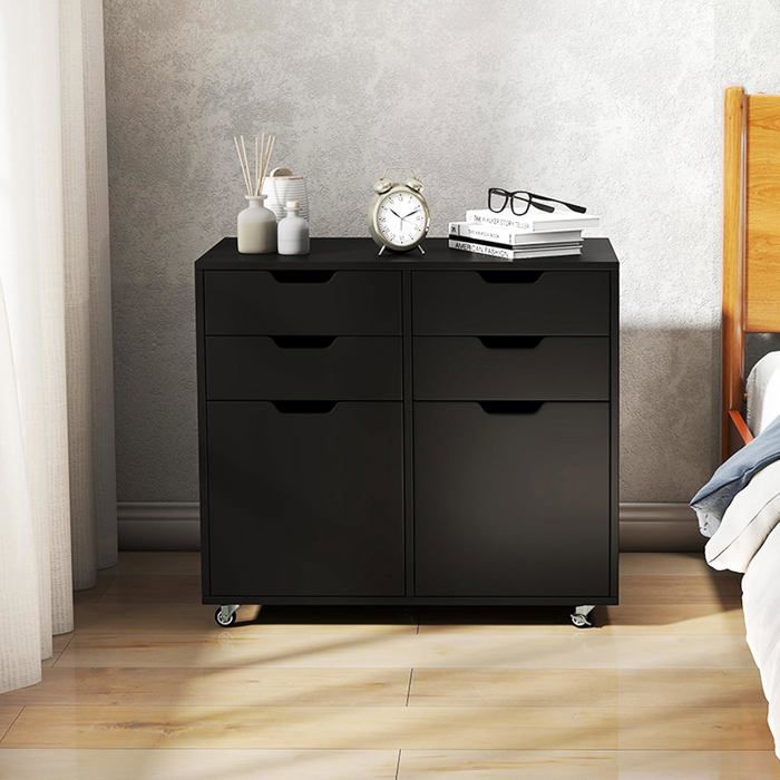 GIANTEX Caisson de Bureau à 4 Tiroirs et 2 Armoires à Porte avec 5 Roulettes Universelles-73x40x64 5CM Charge 85KG Noir