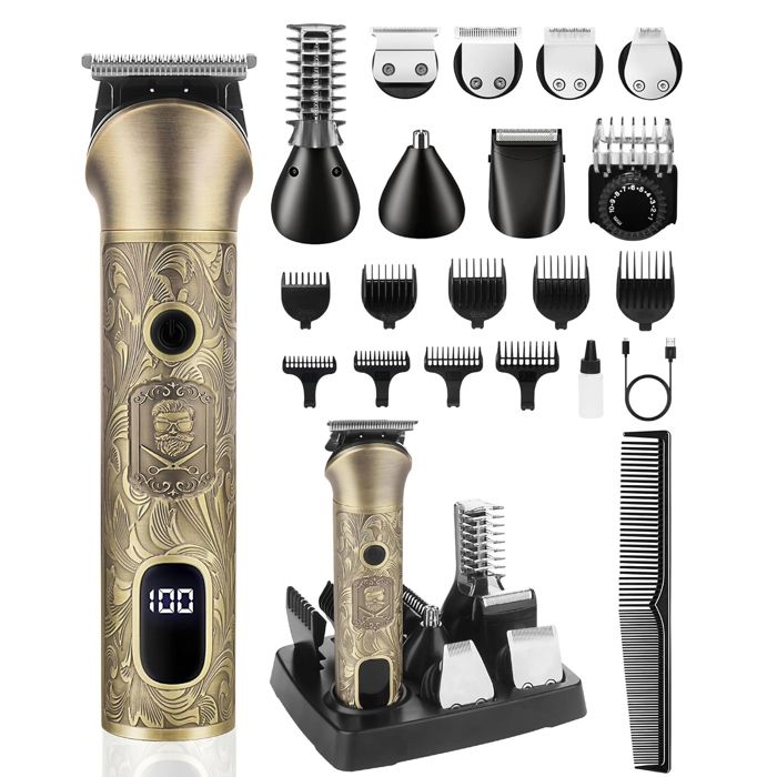 Kit 7 en 1 Tondeuse Cheveux et Barbe Professionnelle Homme Électrique Rasoir Barbe avec 7 têtesLCD Affichage