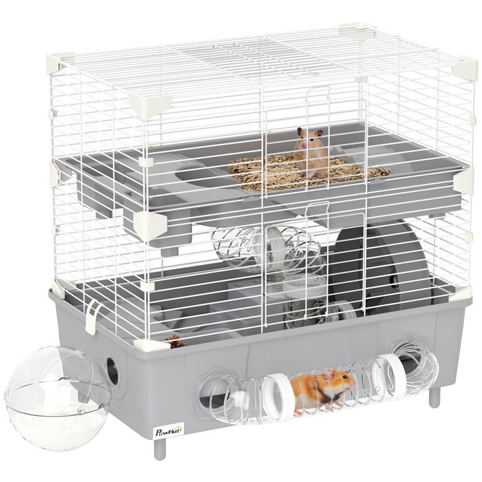 Comparer les prix de Cage pour hamster - PawHut -  à 2 niveaux - avec roue de course système de tuyaux - pour hamster nain - 445 x 28 x 44 cm - gris