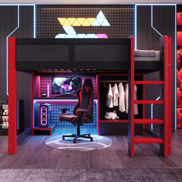 Lit mezzanine 140x200cm lit double avec éclairage LED lit adulte avec bureau bureau échelle armoire 1 tiroirs noir+rouge