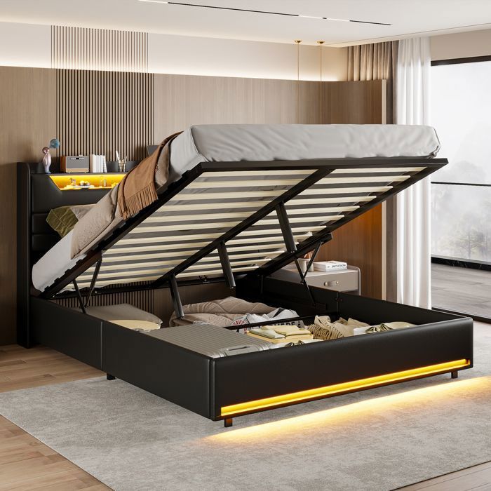 Lit double 140x190 cm ADWOLT 4 tiroir led USB et Type C tissu en PU Style moderne cadre de lit 140x190 cm noir
