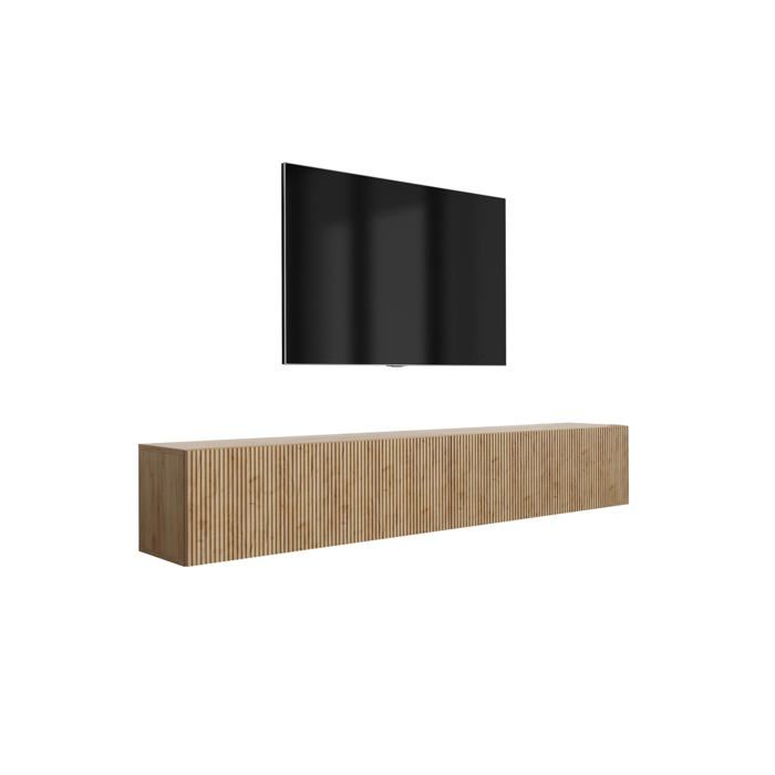 Meuble TV mural fermé - Chêne Craft - Façade rainurée - 200×32×33 6 cm - Compartiments fermés & étagère ouverte