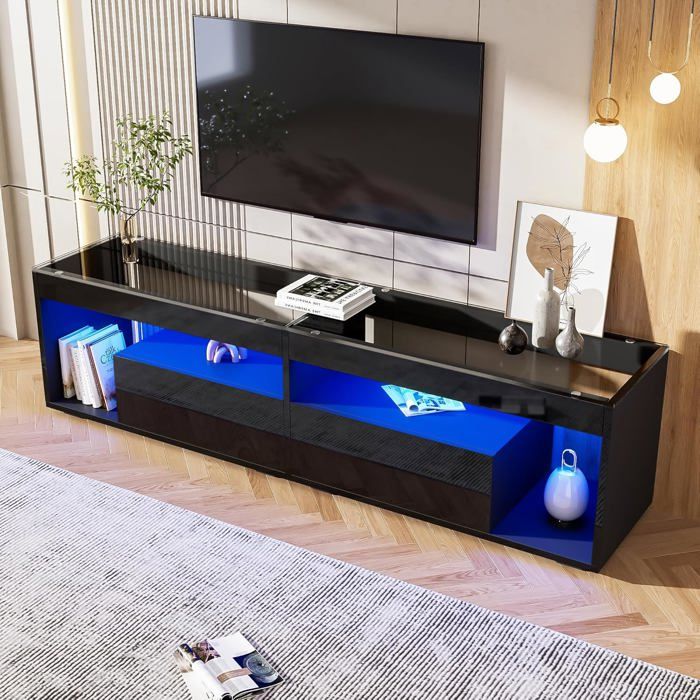 Meuble TV avec éclairage LED - Noir brillant - Pour TV de 70 - Support TV avec 2 tiroirs - Plateau en verre -chambre à coucher