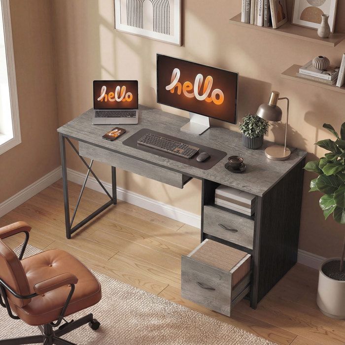 Bureau dordinateur 120×50cm bureau avec rangement plateau clavier compartiment ouvert et 2 tiroirs gris