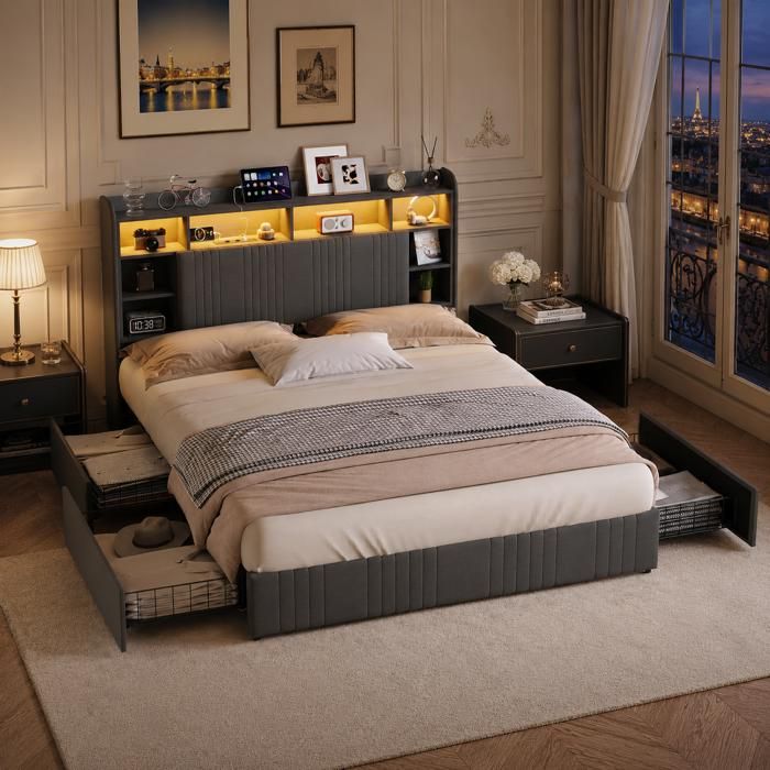 Lit 160x200 cm avec Rangement 4 Tiroirs de Lit Tête de Lit Bibliothèque LED avec USB Lit Double Rembourré Sommier à Lattes Lin Gris