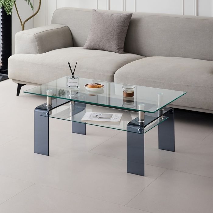 Table Basse en Verre Trempé Transparent Table de Salon avec Pieds en Verre Gris Style Moderne Table dappoint Rectangulaire