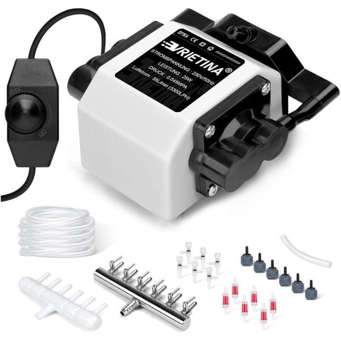 Meilleurs prix pour Pompe à air 6 sorties 25W pour aquarium et bassin de jardin aérateur réglable avec 6 diffuseurs débit jusqu’à 3300 L/h