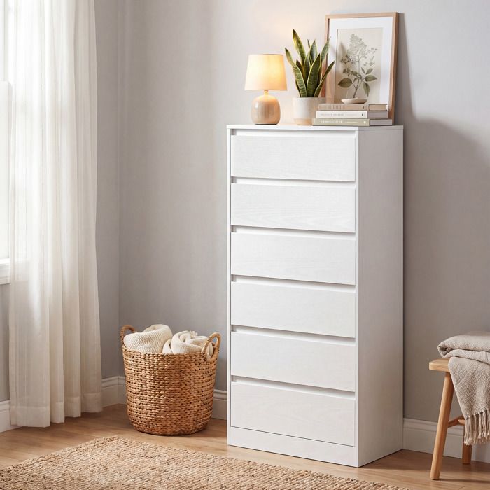 Commode 6 Tiroirs Meuble de Rangement 30 x 48 x 111 2 cm Style Moderne Blanc Commode 6 Tiroirs Meuble de Rangement 30 x 48 x 111 2 cm Style Moderne Blanc