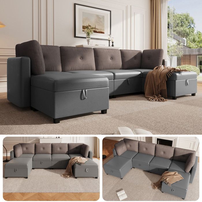 Canapé dangle modulable en U avec rangement Canapé convertible en dangle/lit de jour/fauteuil Velours et Côtelé Gris