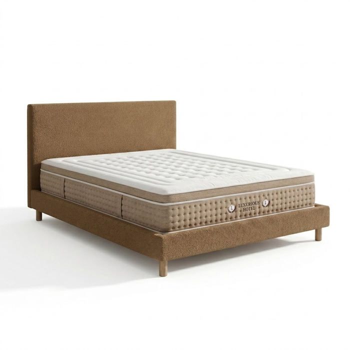 Ensemble lit fixe - SAMPUR - Ensemble lit camel - Tête de lit bouclette - Matelas hôtelier 180x200 - 33 cm Ensemble lit fixe - SAMPUR - Ensemble lit camel - Tête de lit bouclette - Matelas hôtelier 180x200 - 33 cm