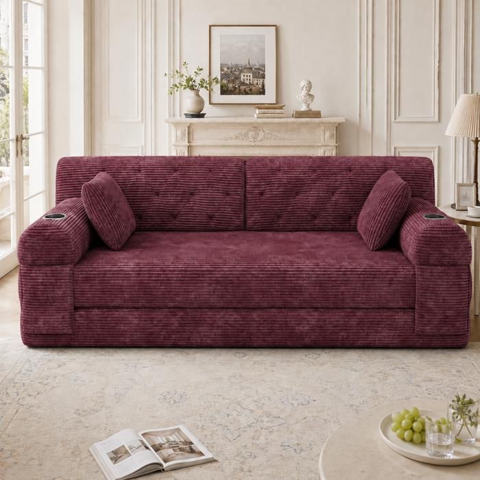 Canapé modulable 2 places convertible 168x80x81cm livré compressé，4 poches et 2 porte-gobelets salon velours côtelé bordeaux
