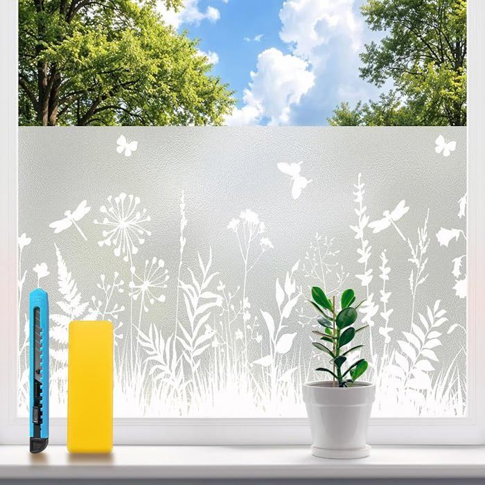 Film Fenetre Anti Regard Motif Fleurs Film Occultant Fenêtre Dépoli sans Colle Autocolnt 119.5x200cm Fleurs et Herbes