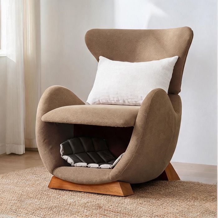 Fauteuil design 1 place avec niche intégrée pour chat tissu anti-griffures forme Walhai brown finish