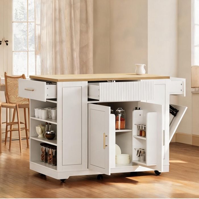 Îlot central blanc en MDF 120x50x92 cm avec 3 tiroirs 2 portes et compartiment poubelle sur roulettes