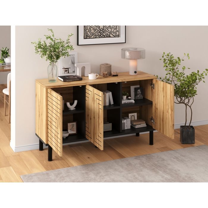 HOMVRA Buffet bas 3 portes 120 x 35 x 68 cm avec ouverture push-open 6 compartiments MDF decor bois naturel