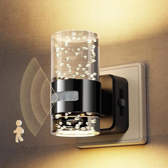 Veilleuse Prise avec Détecteur de Mouvement 3 Modes (ON/AUTO/OFF) Luminosité Réglable 0-100 LM Blanc Chaud 3000K Lampe Noir
