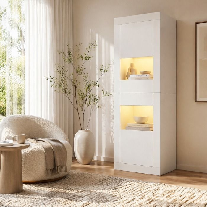Vitrine 2 Portes 3 Étagères dont 2 Réglables en Verre Trempé LED USB - ELVMI - Blanc pour Salon 61×42×162 cm