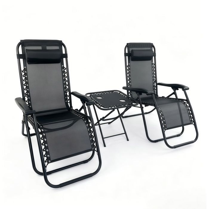 Lot de 2 Chaise longue inclinable pliable en Textilène avec support de gobelet - charge Max 250kg - Noir