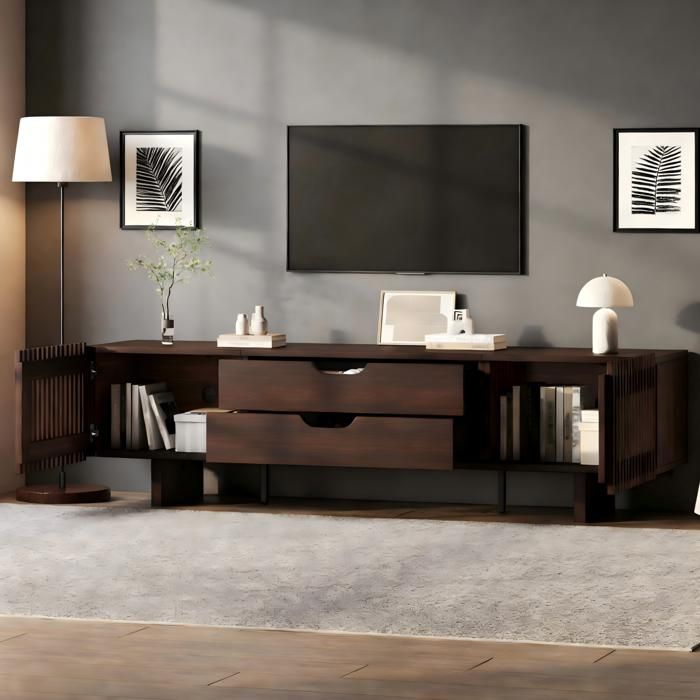 WUVRIE Meuble TV 180 x 40 x 45 cm en MDF noyer foncé 2 tiroirs et 2 portes à lamelles jusqu’à 75 pouces