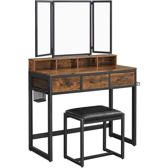 Coiffeuse Industrielle Rustique avec Miroir Triptyque et Tabouret en Similicuir RVT004B01 - Réf. VK8681847477129